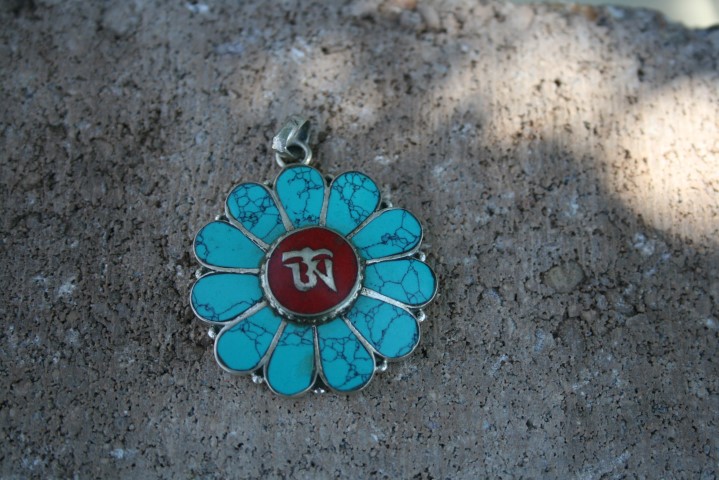 Tibetan 'Om' genuine Turquoise and Coral Pendant 4271